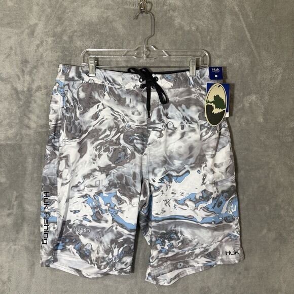 NWT Huk Fishing Mens 36 Board Shorts Swim Gray Mossy Oak Elements Hydro Camo - Picture 1 of 10